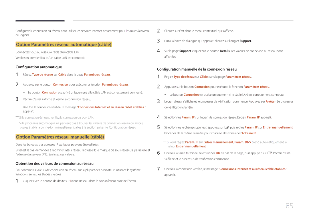 Samsung LH55DCEPLGC/EN, LH75EDEPLGC/EN Option Paramètres réseau automatique câblé, Option Paramètres réseau manuelle câblé 
