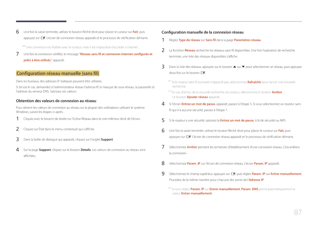 Samsung LH32DCEMLGP/EN, LH75EDEPLGC/EN, LH40DCEPLGC/EN manual Configuration réseau manuelle sans fil, Affichées, La connexion 