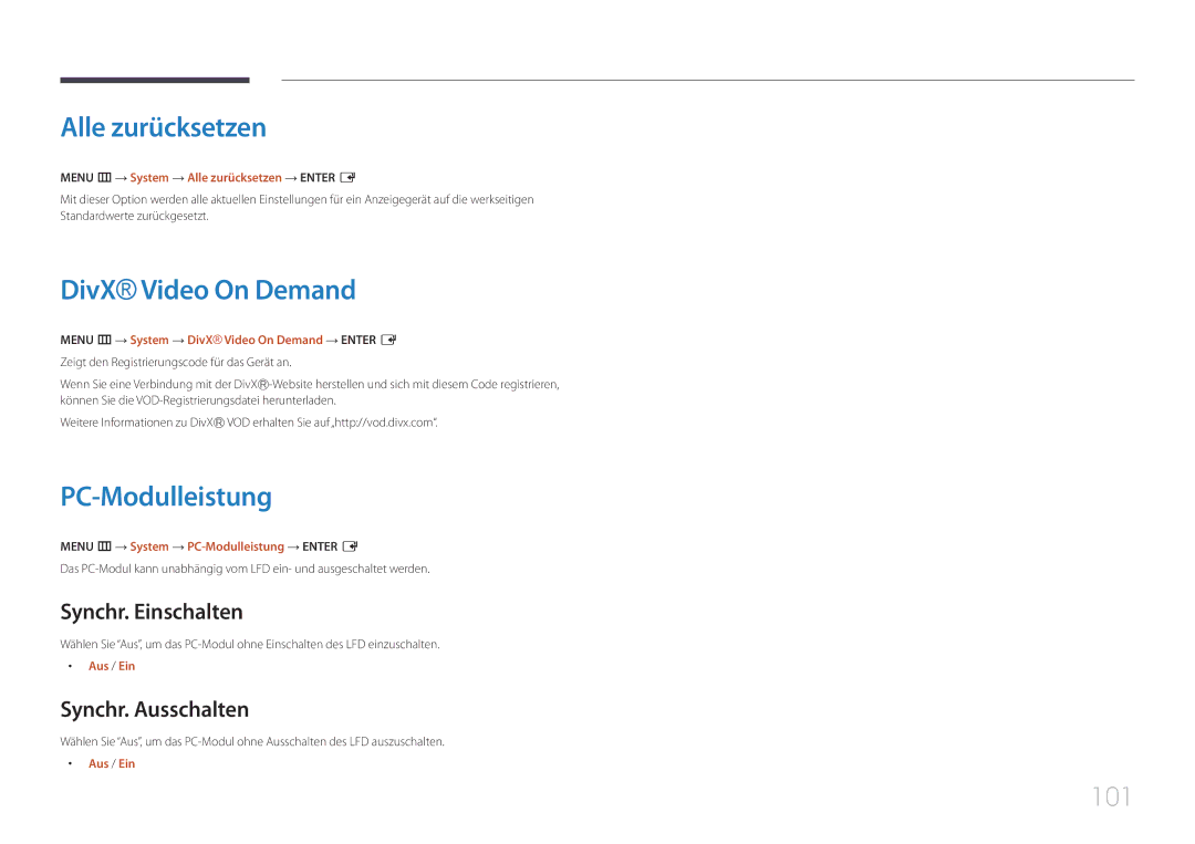 Samsung LH48DCEPLGC/EN, LH75EDEPLGC/EN, LH40DCEPLGC/EN manual Alle zurücksetzen, DivX Video On Demand, PC-Modulleistung, 101 