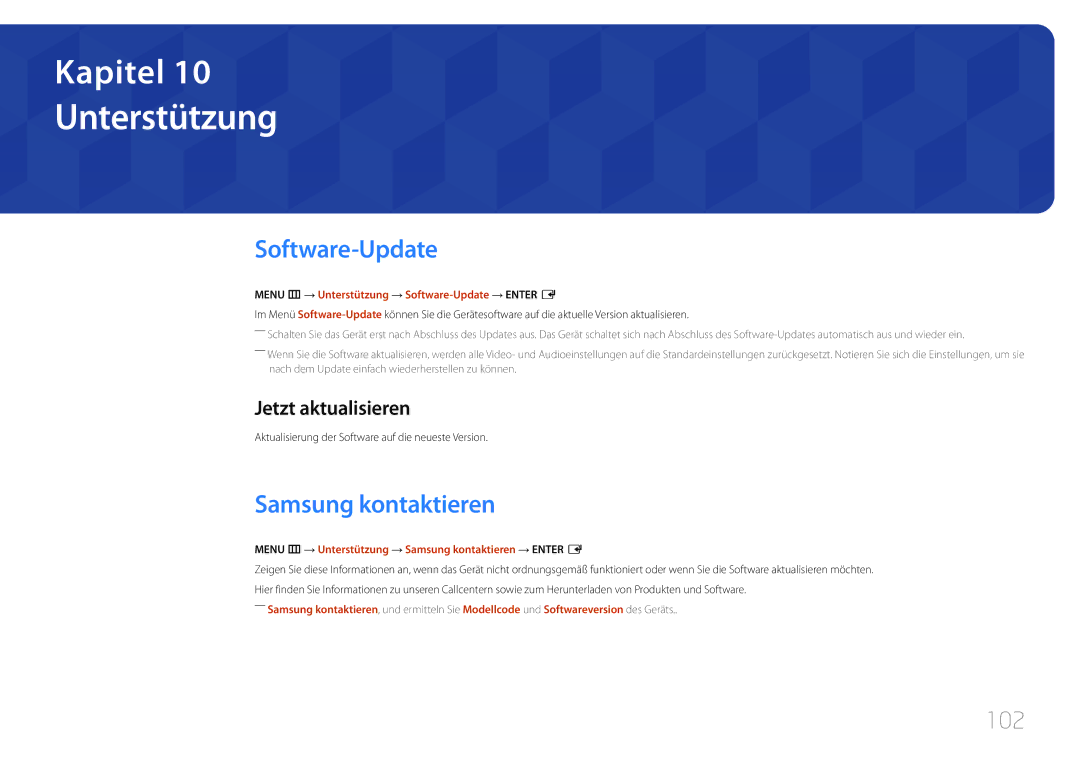 Samsung LH55DCEMLGC/EN, LH75EDEPLGC/EN manual Unterstützung, Software-Update, Samsung kontaktieren, 102, Jetzt aktualisieren 