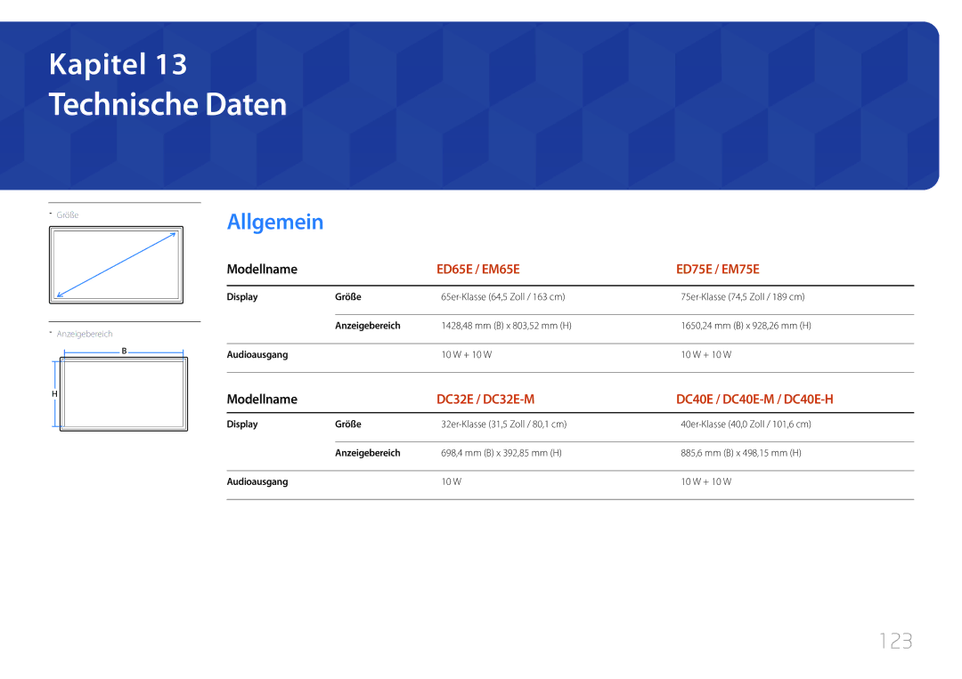 Samsung LH32DCEMLGC/EN, LH75EDEPLGC/EN, LH40DCEPLGC/EN Technische Daten, 123, Display Größe, Anzeigebereich, Audioausgang 