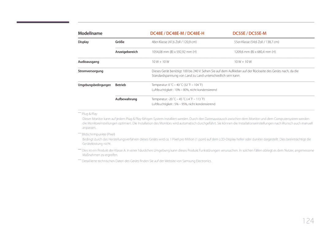 Samsung LH55DCEPLGC/EN, LH75EDEPLGC/EN, LH40DCEPLGC/EN, LH48DCEPLGC/EN manual 124, Stromversorgung, Betrieb, Aufbewahrung 