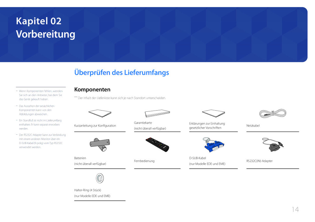 Samsung LH40DCEMLGC/EN Vorbereitung, Überprüfen des Lieferumfangs, Komponenten, Garantiekarte Erklärungen zur Einhaltung 