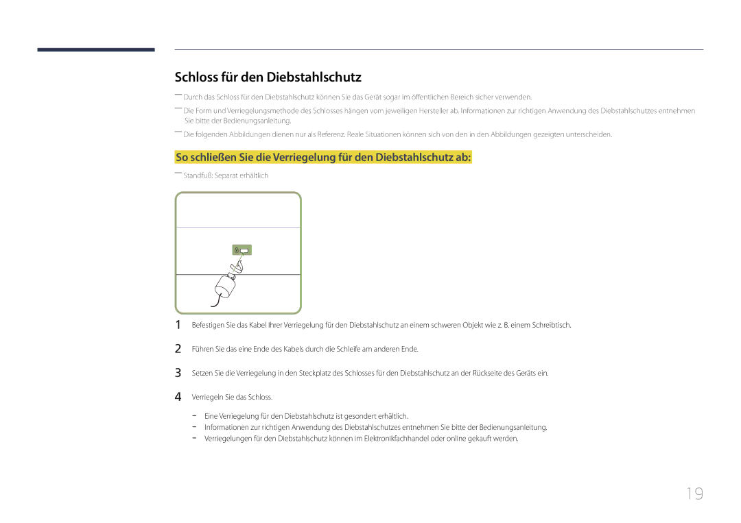 Samsung LH40DCEPLGC/EN manual Schloss für den Diebstahlschutz, So schließen Sie die Verriegelung für den Diebstahlschutz ab 