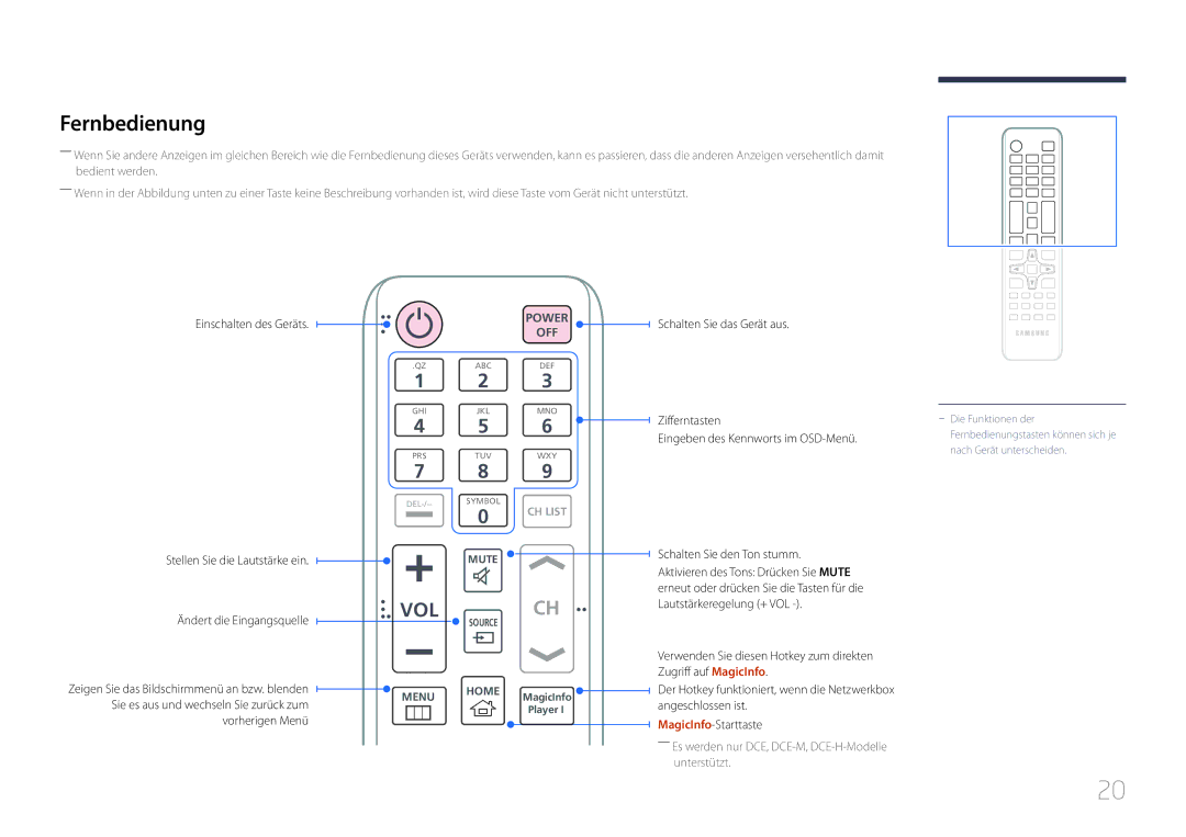 Samsung LH48DCEPLGC/EN, LH75EDEPLGC/EN, LH40DCEPLGC/EN, LH55DCEMLGC/EN, LH65EDEPLGC/EN, LH40DCEMLGC/EN manual Fernbedienung, Vol 