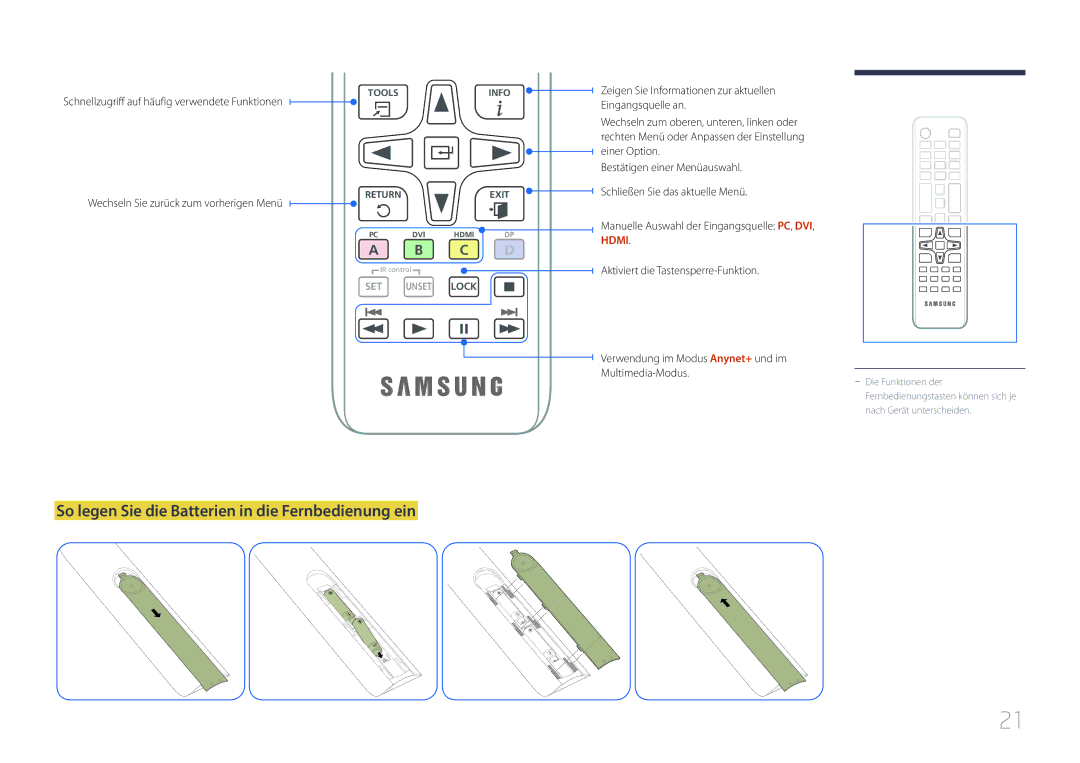 Samsung LH55DCEMLGC/EN manual So legen Sie die Batterien in die Fernbedienung ein, Aktiviert die Tastensperre-Funktion 