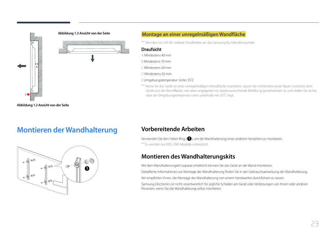 Samsung LH40DCEMLGC/EN Montieren der Wandhalterung, Vorbereitende Arbeiten, Montieren des Wandhalterungskits, Draufsicht 