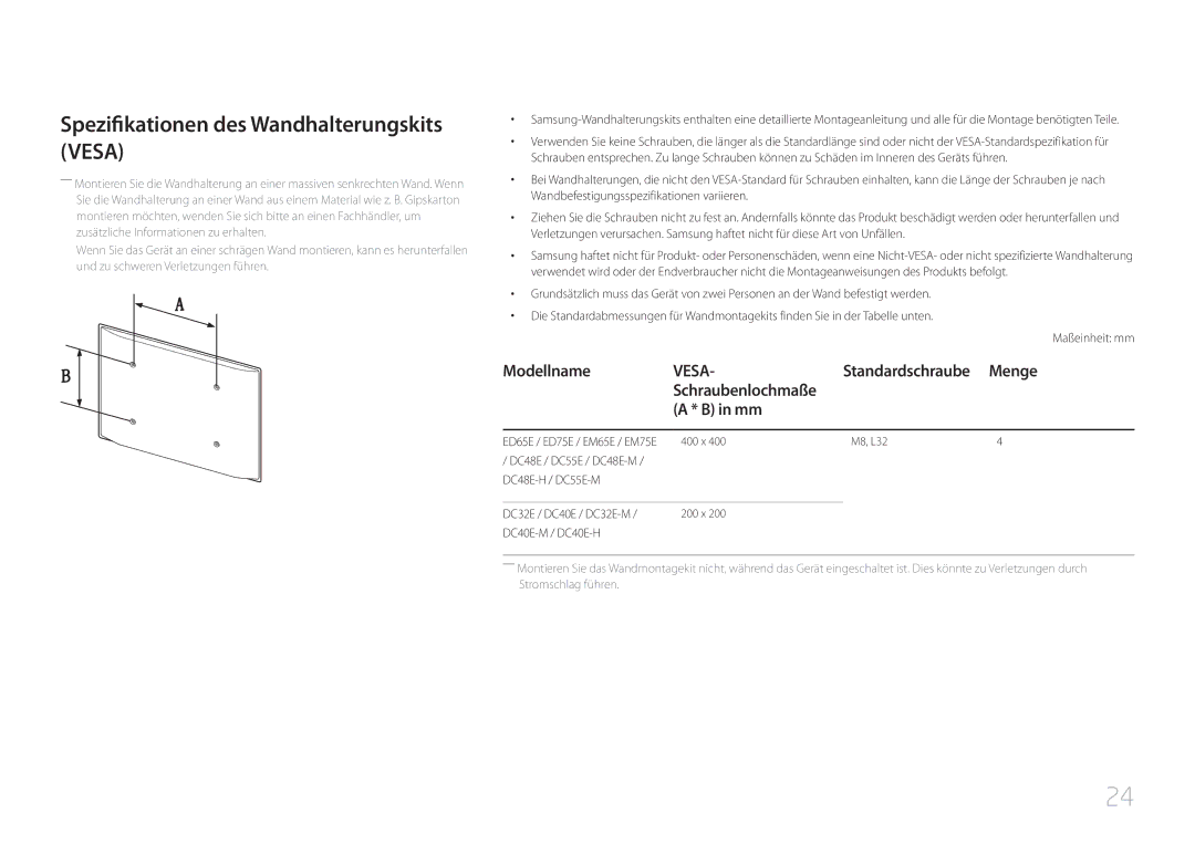 Samsung LH32DCEMLGC/EN, LH75EDEPLGC/EN Spezifikationen des Wandhalterungskits Vesa, Modellname, Menge, Schraubenlochmaße 