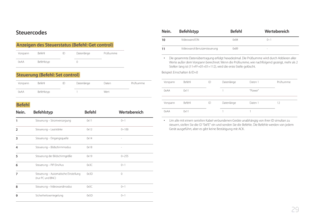 Samsung LH48DCEPLGC/EN manual Steuercodes, Anzeigen des Steuerstatus Befehl Get control, Steuerung Befehl Set control 