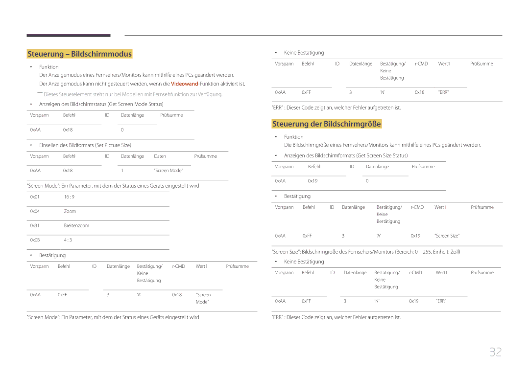 Samsung LH40DCEMLGC/EN, LH75EDEPLGC/EN, LH40DCEPLGC/EN manual Steuerung Bildschirmmodus, Steuerung der Bildschirmgröße 