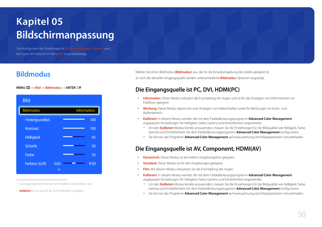 Samsung LH40DCEMLGC/EN, LH75EDEPLGC/EN manual Bildschirmanpassung, Bildmodus, Die Eingangsquelle ist PC, DVI, Hdmipc 