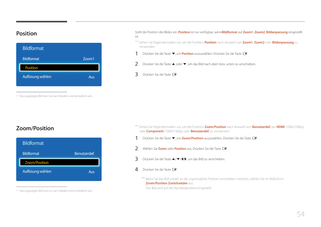 Samsung LH75EDEPLGC/EN, LH40DCEPLGC/EN, LH48DCEPLGC/EN manual Zoom/Position, BildformatZoom1, BildformatBenutzerdef 