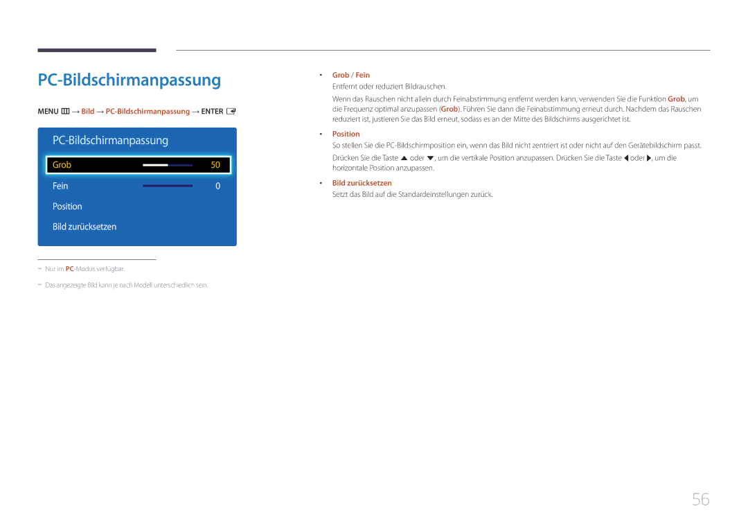 Samsung LH48DCEPLGC/EN, LH75EDEPLGC/EN, LH40DCEPLGC/EN manual PC-Bildschirmanpassung, Fein Position Bild zurücksetzen 