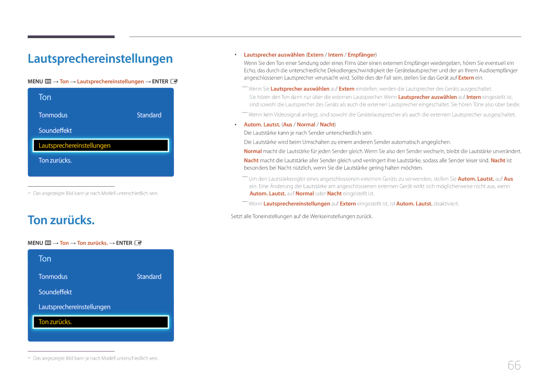 Samsung LH55DCEMLGC/EN, LH75EDEPLGC/EN, LH40DCEPLGC/EN Lautsprechereinstellungen, Ton zurücks, TonmodusStandard Soundeffekt 