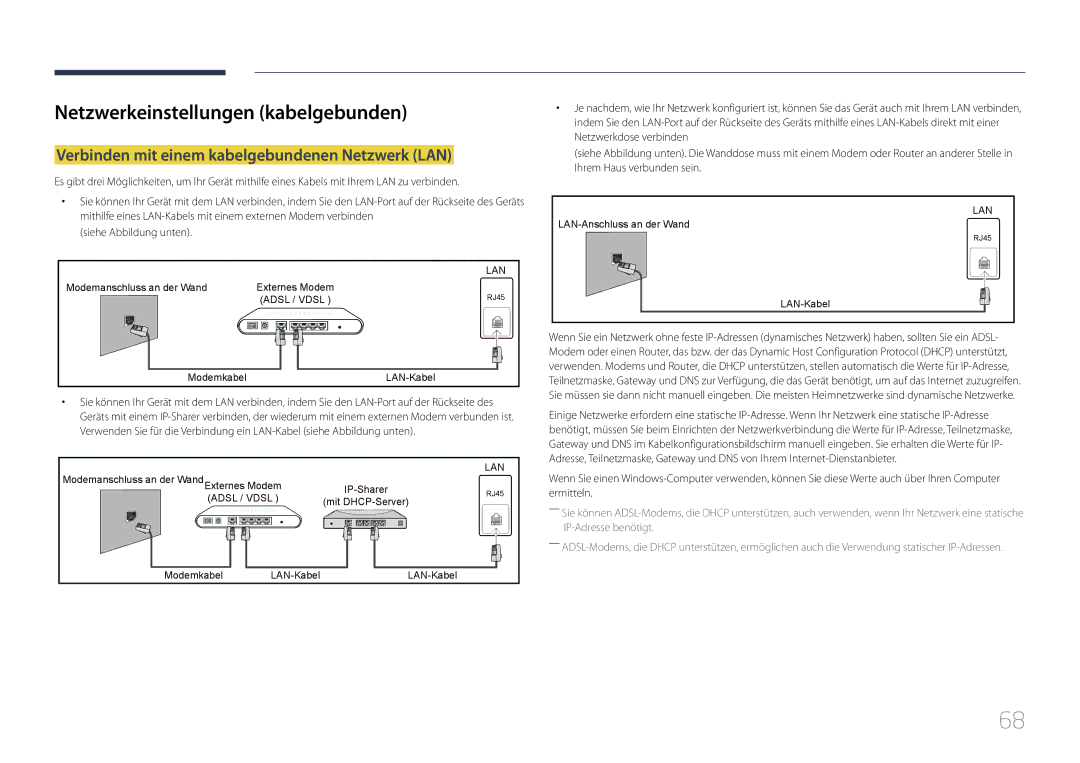 Samsung LH40DCEMLGC/EN manual Netzwerkeinstellungen kabelgebunden, Verbinden mit einem kabelgebundenen Netzwerk LAN 