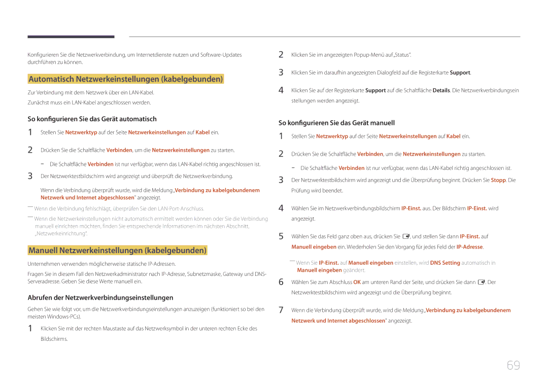 Samsung LH32DCEMLGC/EN manual Automatisch Netzwerkeinstellungen kabelgebunden, Manuell Netzwerkeinstellungen kabelgebunden 