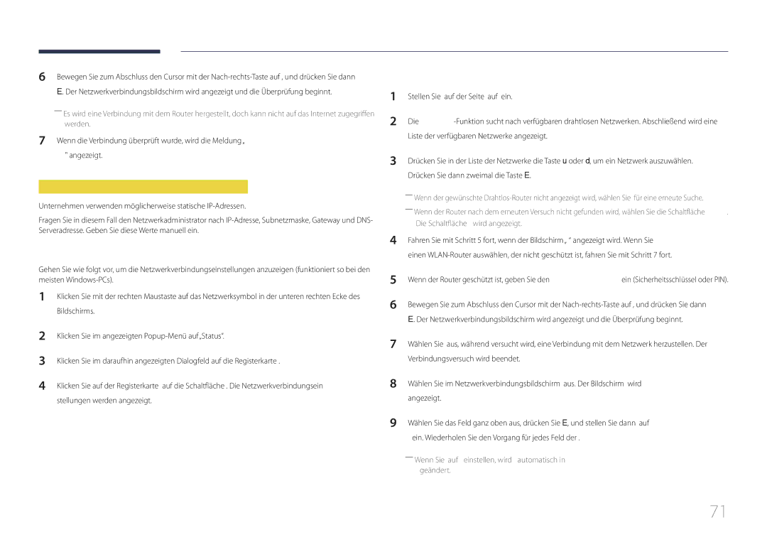 Samsung LH32DCEPLGC/EN, LH75EDEPLGC/EN Manuelle Netzwerkeinrichtung drahtlos, Bildschirms, Stellungen werden angezeigt 