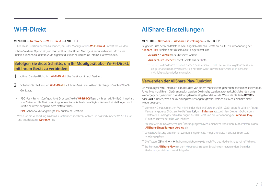 Samsung LH40DCEPLGC/EN, LH75EDEPLGC/EN manual Wi-Fi-Direkt, AllShare-Einstellungen, Verwenden der AllShare Play-Funktion 