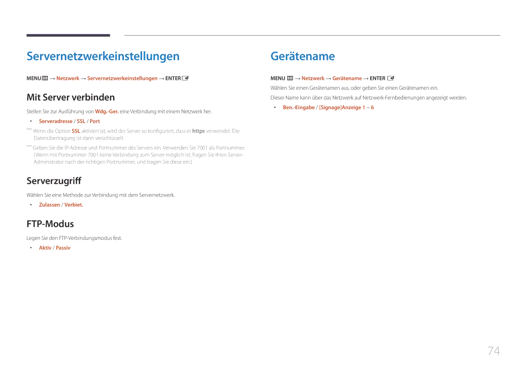 Samsung LH48DCEPLGC/EN manual Servernetzwerkeinstellungen, Gerätename, Mit Server verbinden, Serverzugriff, FTP-Modus 