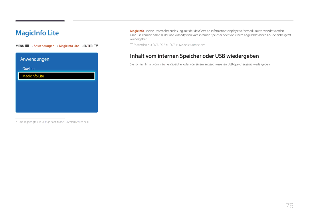 Samsung LH65EDEPLGC/EN, LH75EDEPLGC/EN manual MagicInfo Lite, Inhalt vom internen Speicher oder USB wiedergeben, Quellen 