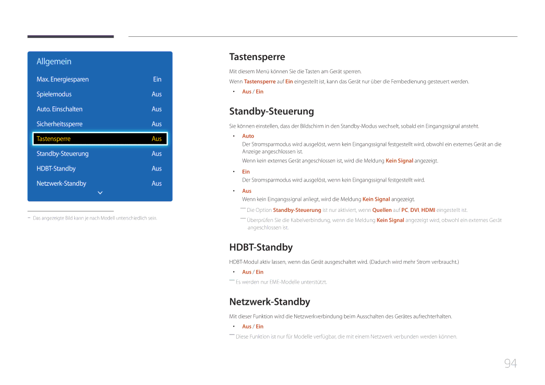 Samsung LH65EDEPLGC/EN, LH75EDEPLGC/EN, LH40DCEPLGC/EN manual Tastensperre, Standby-Steuerung, HDBT-Standby, Netzwerk-Standby 