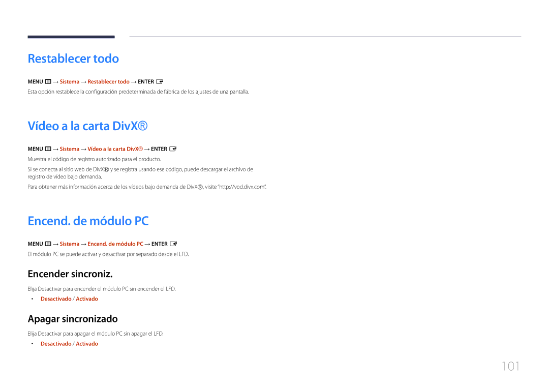 Samsung LH48DCEPLGC/EN, LH75EDEPLGC/EN, LH40DCEPLGC/EN Restablecer todo, Vídeo a la carta DivX, Encend. de módulo PC, 101 