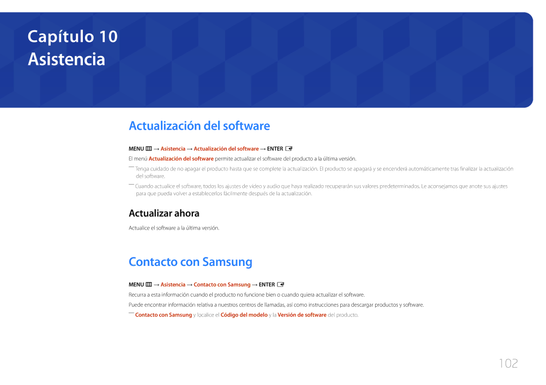 Samsung LH55DCEMLGC/EN, LH75EDEPLGC/EN Asistencia, Actualización del software, Contacto con Samsung, 102, Actualizar ahora 