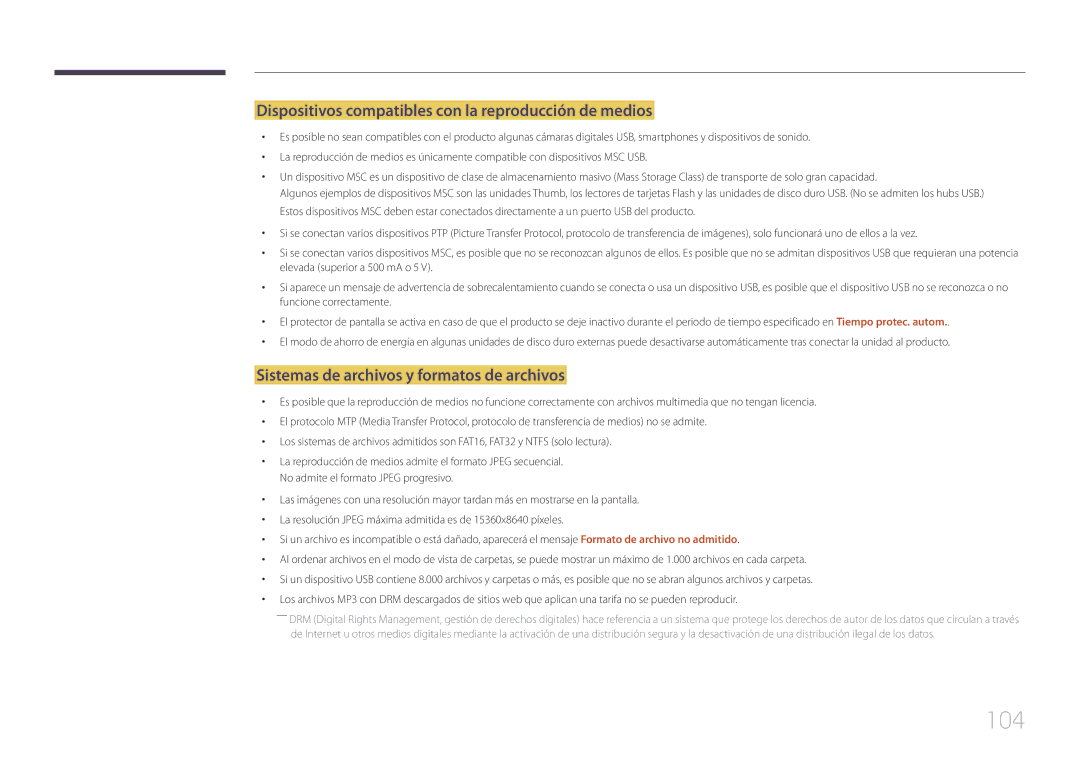 Samsung LH40DCEMLGC/EN, LH75EDEPLGC/EN, LH40DCEPLGC/EN manual 104, Dispositivos compatibles con la reproducción de medios 