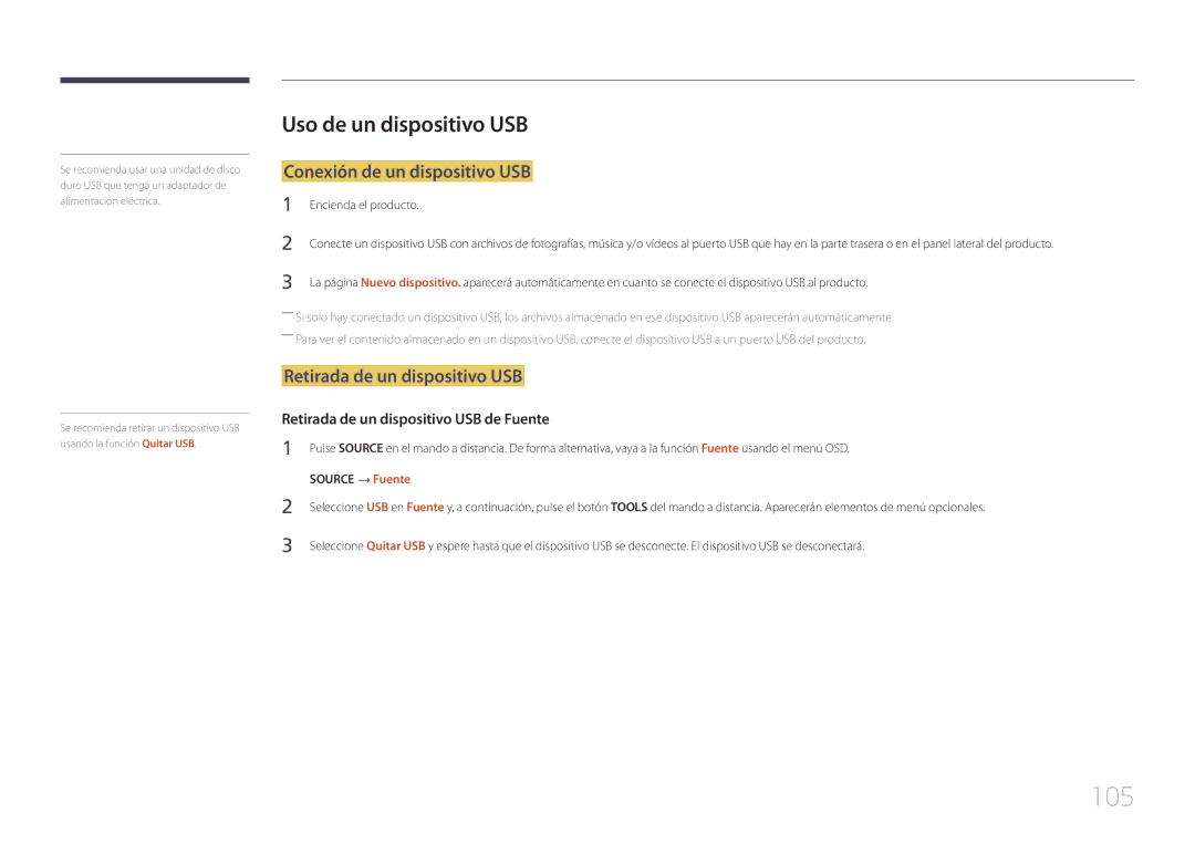 Samsung LH32DCEMLGC/EN 105, Uso de un dispositivo USB, Conexión de un dispositivo USB, Retirada de un dispositivo USB 