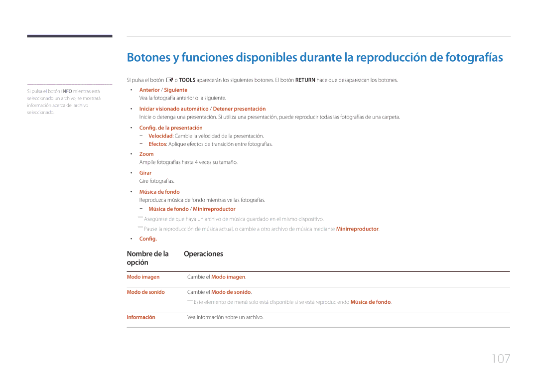 Samsung LH32DCEPLGC/EN, LH75EDEPLGC/EN, LH40DCEPLGC/EN, LH48DCEPLGC/EN, LH55DCEMLGC/EN 107, Nombre de la Operaciones Opción 