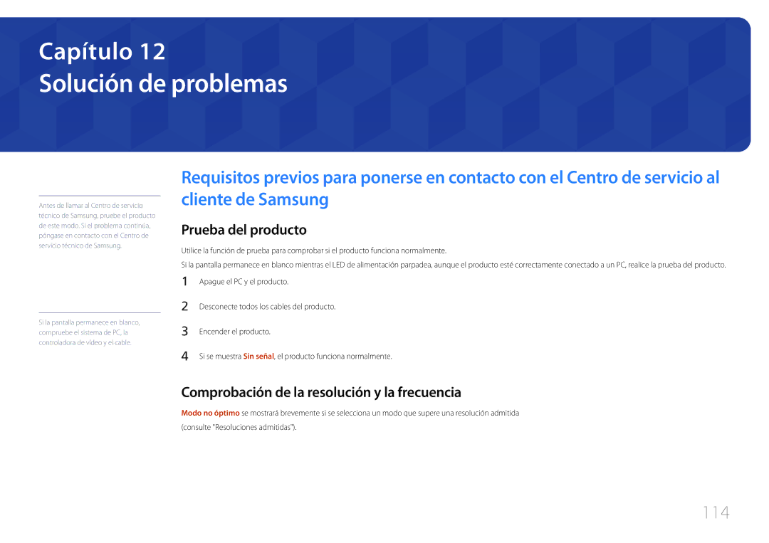 Samsung LH32DCEMLGC/EN Solución de problemas, 114, Prueba del producto, Comprobación de la resolución y la frecuencia 