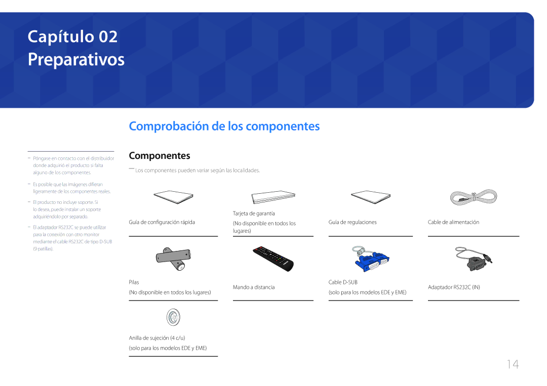 Samsung LH40DCEMLGC/EN, LH75EDEPLGC/EN, LH40DCEPLGC/EN manual Preparativos, Comprobación de los componentes, Componentes 