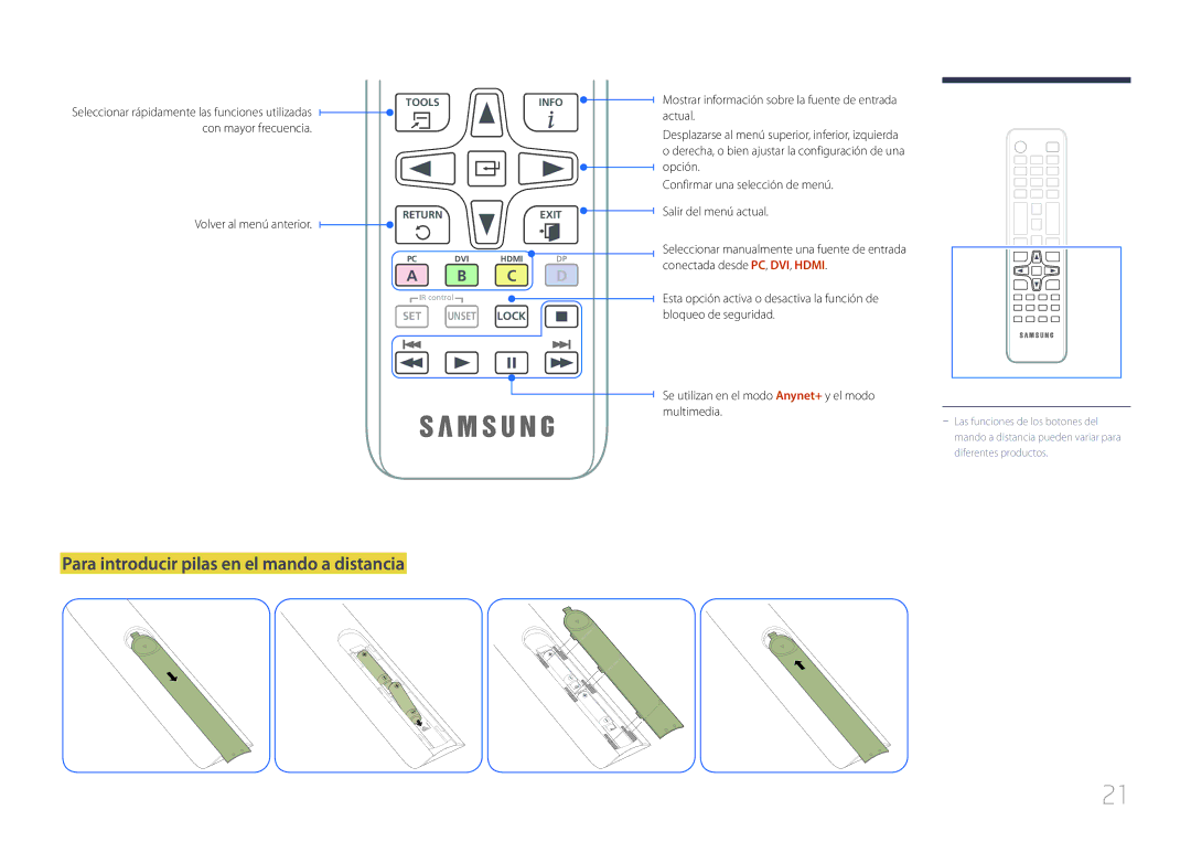 Samsung LH55DCEMLGC/EN, LH75EDEPLGC/EN manual Para introducir pilas en el mando a distancia, Volver al menú anterior 