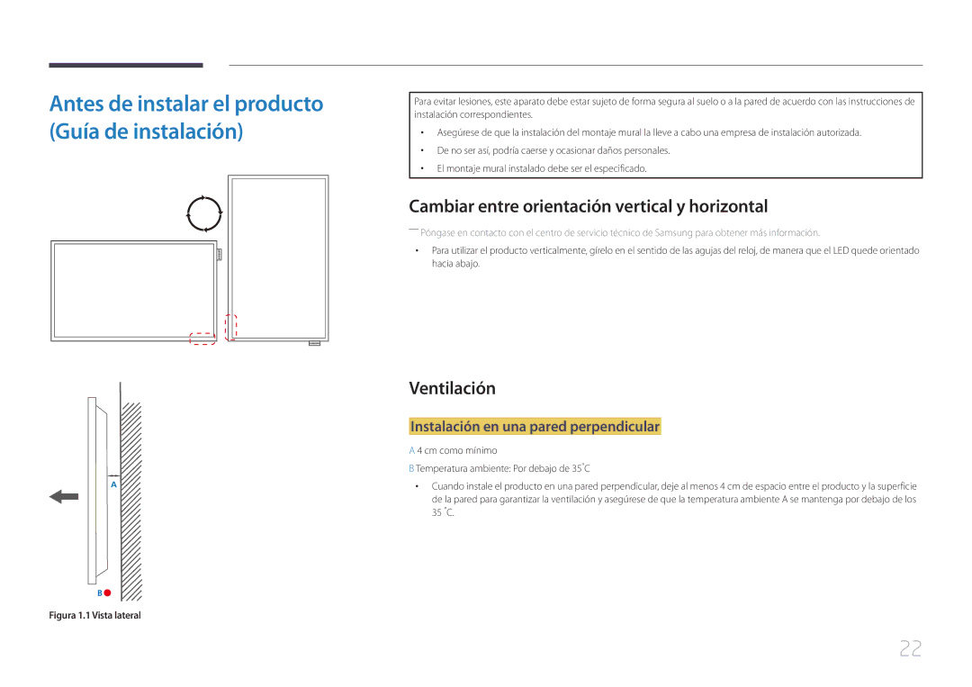 Samsung LH65EDEPLGC/EN, LH75EDEPLGC/EN, LH40DCEPLGC/EN manual Cambiar entre orientación vertical y horizontal, Ventilación 