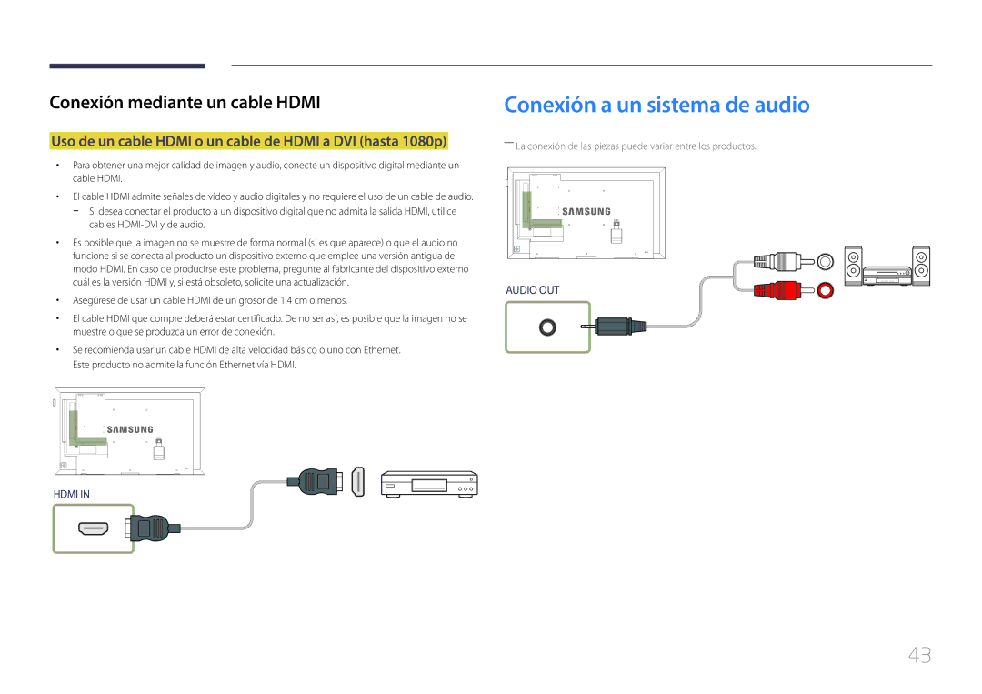 Samsung LH55DCEPLGC/EN manual Conexión a un sistema de audio, Uso de un cable Hdmi o un cable de Hdmi a DVI hasta 1080p 