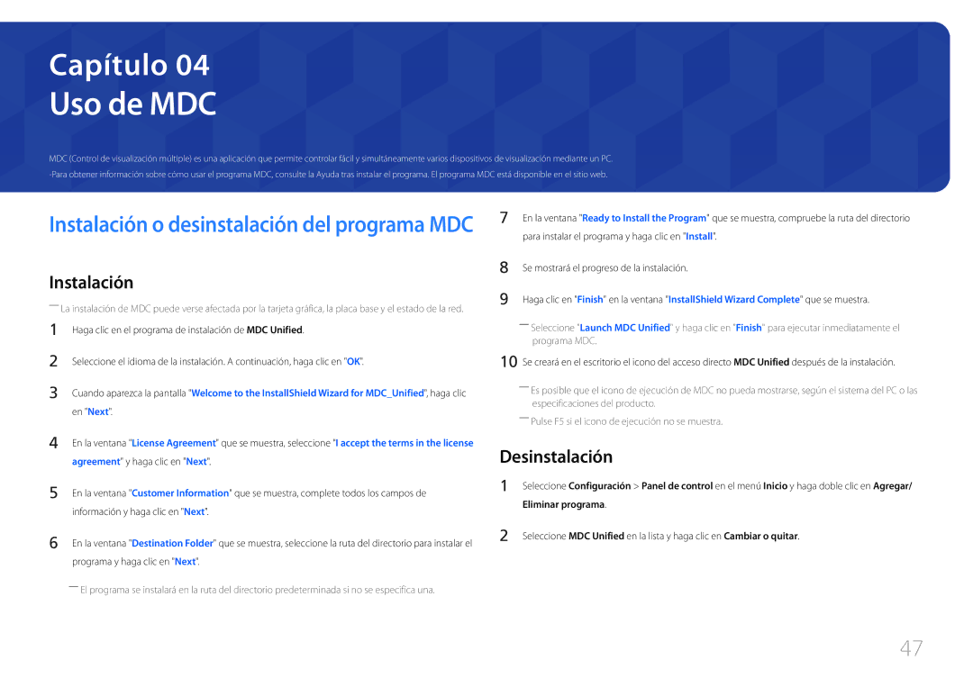 Samsung LH48DCEPLGC/EN, LH75EDEPLGC/EN, LH40DCEPLGC/EN, LH55DCEMLGC/EN manual Uso de MDC, Desinstalación, Eliminar programa 