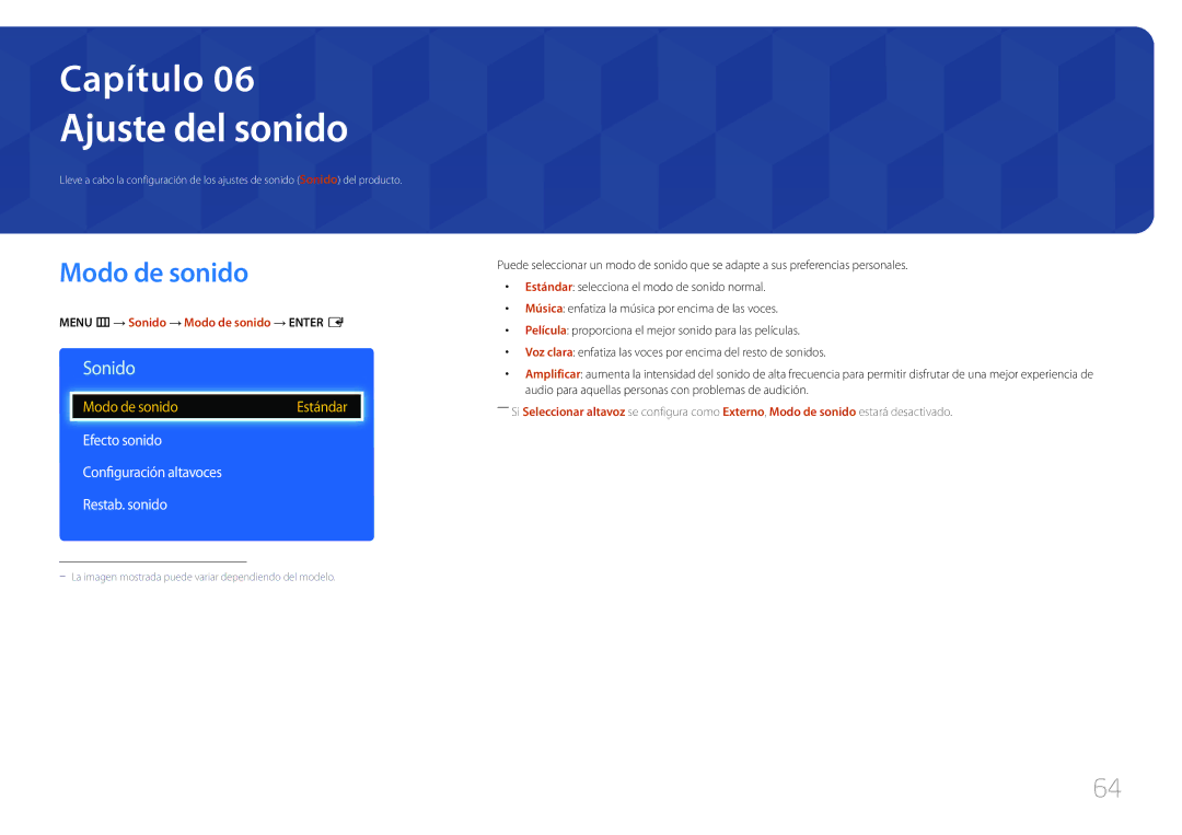 Samsung LH40DCEPLGC/EN Ajuste del sonido, Modo de sonido, Sonido, Efecto sonido Configuración altavoces Restab. sonido 