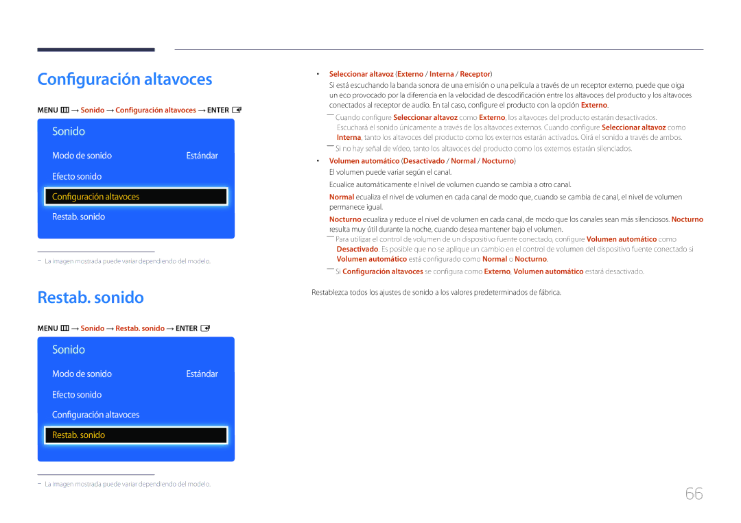 Samsung LH55DCEMLGC/EN, LH75EDEPLGC/EN, LH40DCEPLGC/EN manual Restab. sonido, Efecto sonido Configuración altavoces 