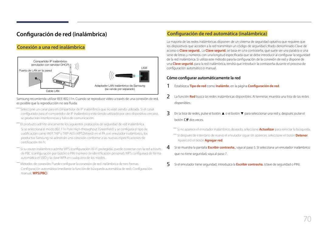 Samsung LH55DCEPLGC/EN, LH75EDEPLGC/EN, LH40DCEPLGC/EN Configuración de red inalámbrica, Conexión a una red inalámbrica 