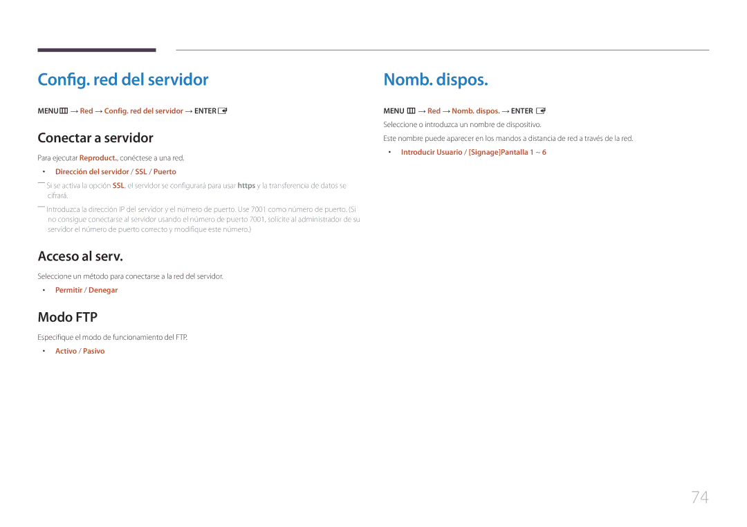 Samsung LH48DCEPLGC/EN manual Config. red del servidor, Nomb. dispos, Conectar a servidor, Acceso al serv, Modo FTP 