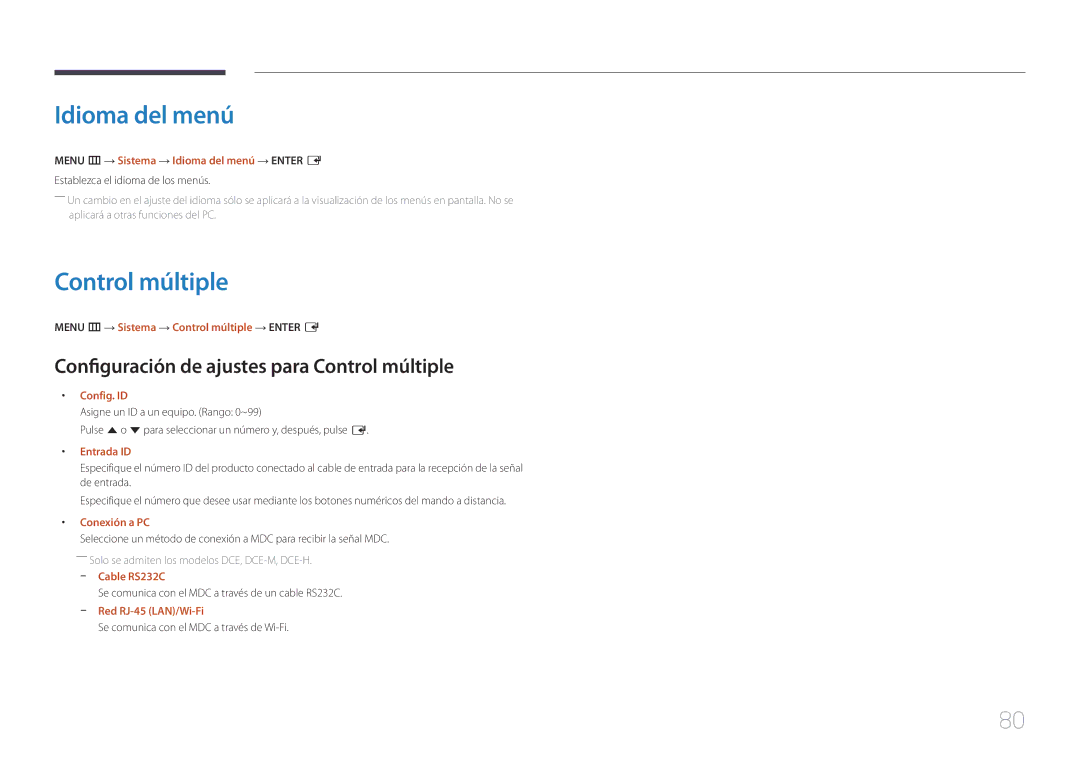 Samsung LH32DCEPLGC/EN, LH75EDEPLGC/EN, LH40DCEPLGC/EN Idioma del menú, Configuración de ajustes para Control múltiple 