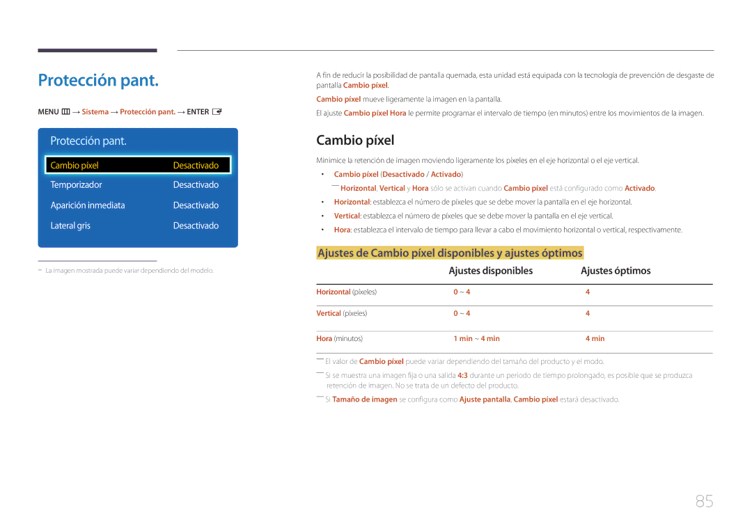 Samsung LH65EDEPLGC/EN, LH75EDEPLGC/EN manual Protección pant, Ajustes de Cambio píxel disponibles y ajustes óptimos 