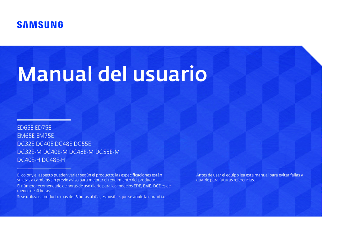 Samsung LH40DCEPLGC/EN, LH75EDEPLGC/EN, LH48DCEPLGC/EN, LH55DCEMLGC/EN, LH65EDEPLGC/EN manual Manual del usuario 