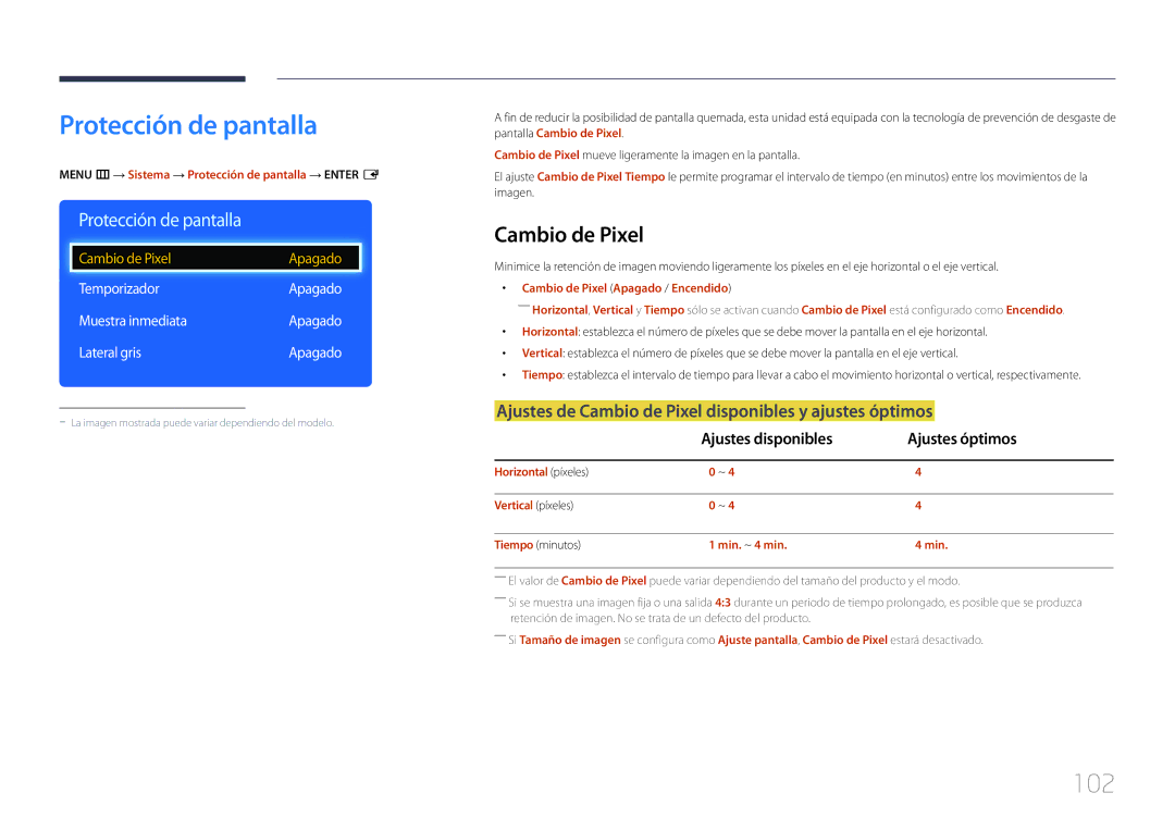Samsung LH48DCEPLGC/EN, LH75EDEPLGC/EN, LH40DCEPLGC/EN, LH55DCEMLGC/EN manual Protección de pantalla, 102, Cambio de Pixel 