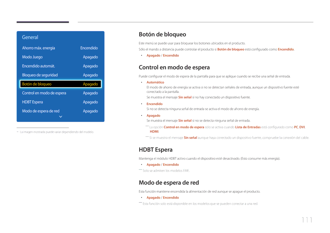 Samsung LH40DCEPLGC/EN manual 111, Botón de bloqueo, Control en modo de espera, Hdbt Espera, Modo de espera de red 