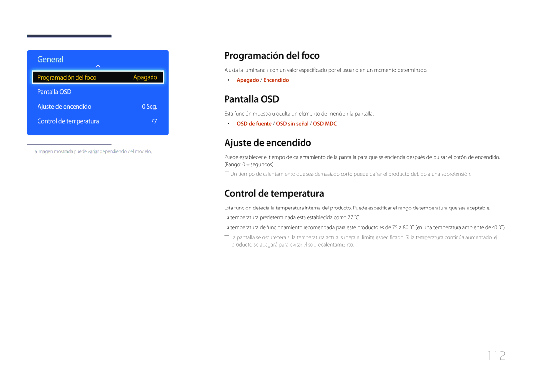 Samsung LH48DCEPLGC/EN manual 112, Programación del foco, Pantalla OSD, Ajuste de encendido, Control de temperatura 