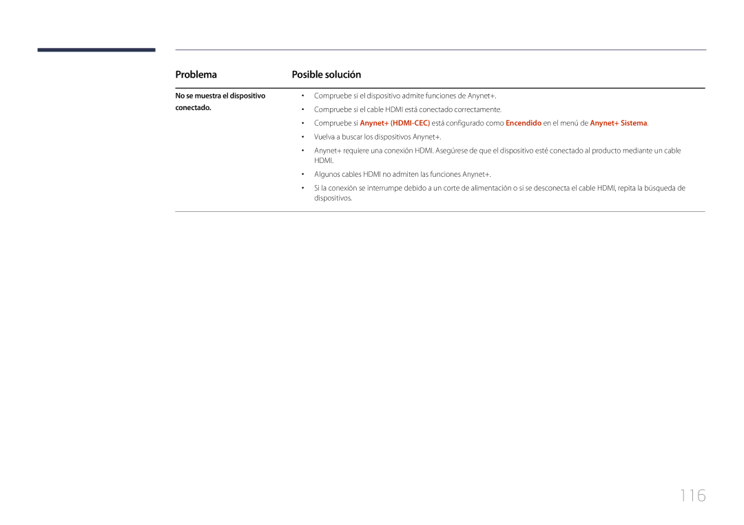 Samsung LH32DCEMLGC/EN, LH75EDEPLGC/EN, LH40DCEPLGC/EN, LH48DCEPLGC/EN 116, Problema, No se muestra el dispositivo conectado 