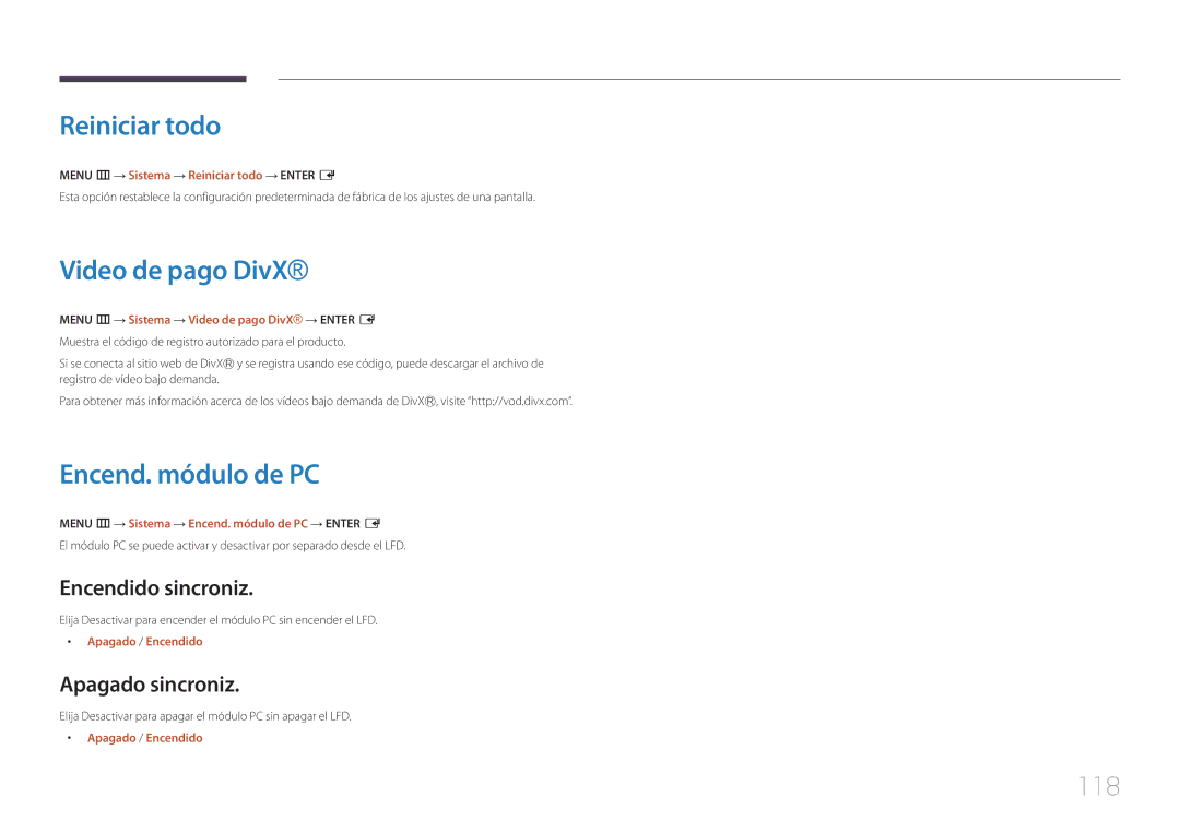 Samsung LH55DCEPLGC/EN, LH75EDEPLGC/EN, LH40DCEPLGC/EN manual Reiniciar todo, Video de pago DivX, Encend. módulo de PC, 118 