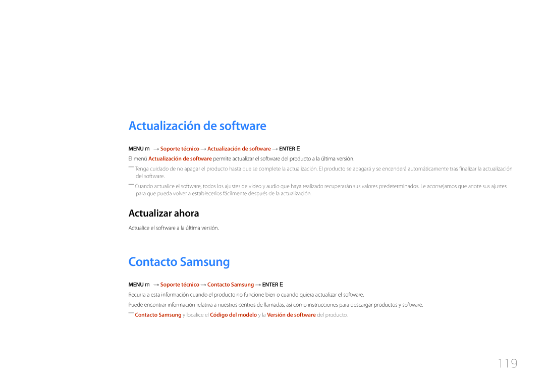 Samsung LH32DCEPLGC/EN, LH75EDEPLGC/EN Soporte técnico, Actualización de software, Contacto Samsung, 119, Actualizar ahora 