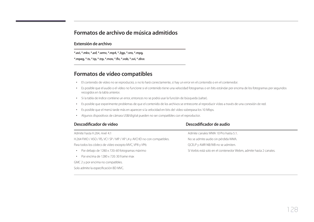 Samsung LH55DCEPLGC/EN 128, Formatos de archivo de música admitidos, Formatos de vídeo compatibles, Extensión de archivo 